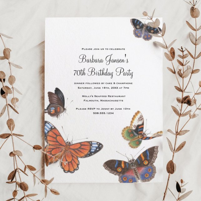 Butterfly 70th Birthday Party Invitation (These elegant butterfly 70th birthday party invitations are perfect for a gardener)