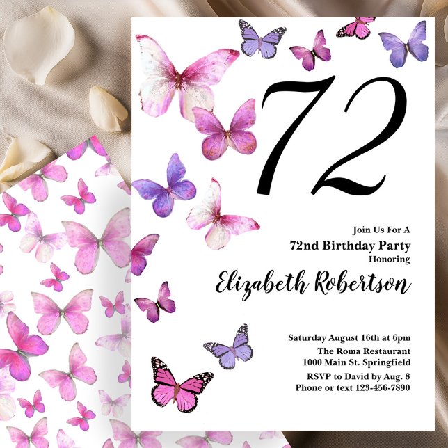 Butterfly 72nd Birthday Invitation in Pink /Purple (Creator Uploaded)