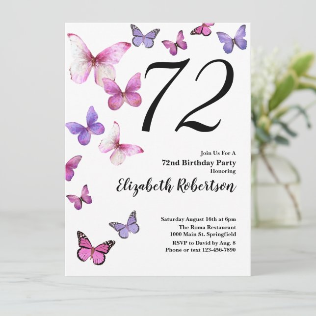 Butterfly 72nd Birthday Invitation in Pink /Purple (Standing Front)