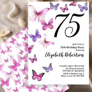 Butterfly 75th Birthday Invitation in Pink /Purple