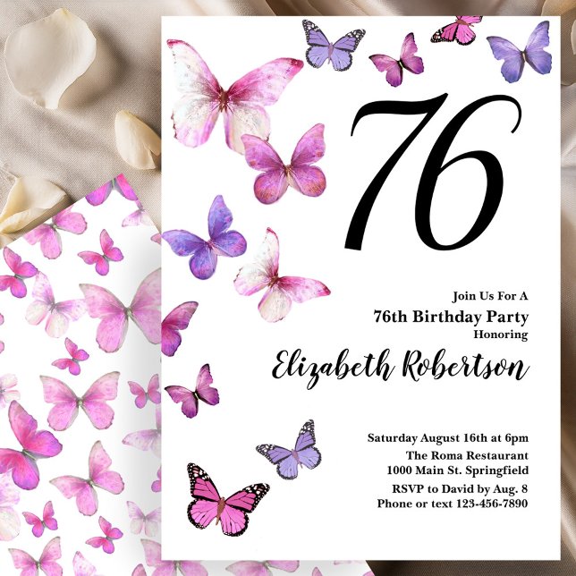 Butterfly 76th Birthday Invitation in Pink /Purple (Creator Uploaded)
