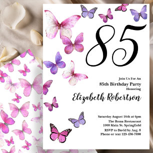 Butterfly 85th Birthday Invitation in Pink /Purple