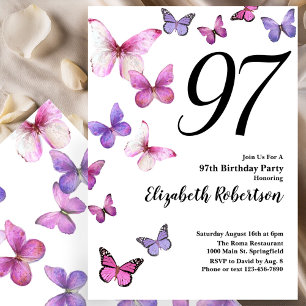 Butterfly 97th Birthday Invitation in Pink Purple