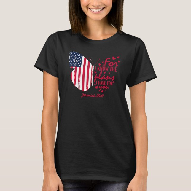 Butterfly American Flag Christian Bible Verse 4th  T-Shirt (Front)