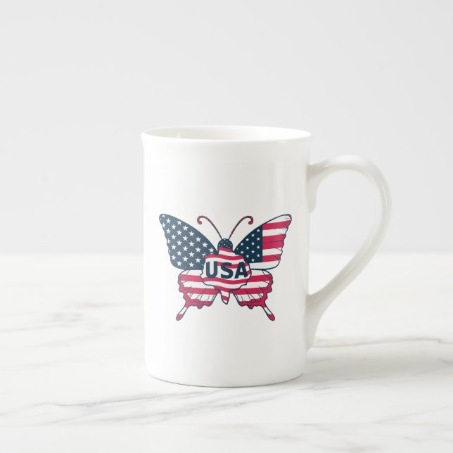 Butterfly American Flag Design-62616 Bone China Mug (Right)