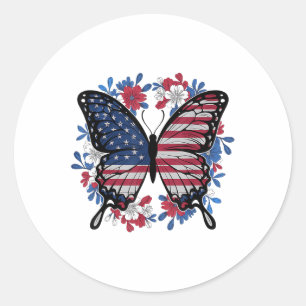 Butterfly American Flag Patriotic Usa 4th Of July Classic Round Sticker