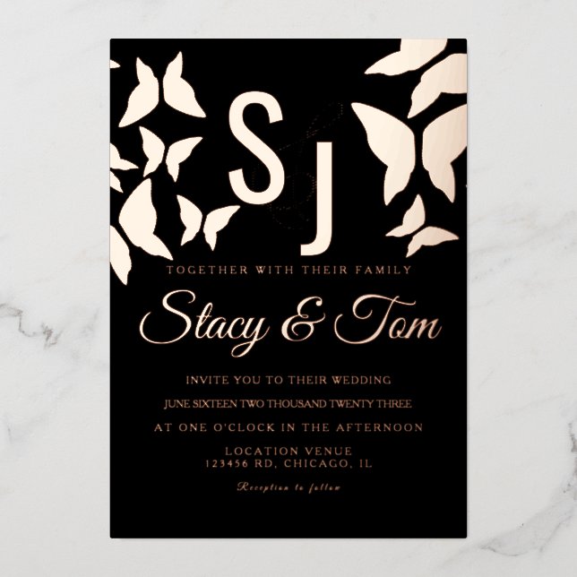 Butterfly Ampersand Pressed  Black Foil Invitation (Front)