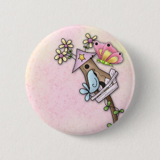 Butterfly and bird meeting at the birdhouse 6 cm round badge
