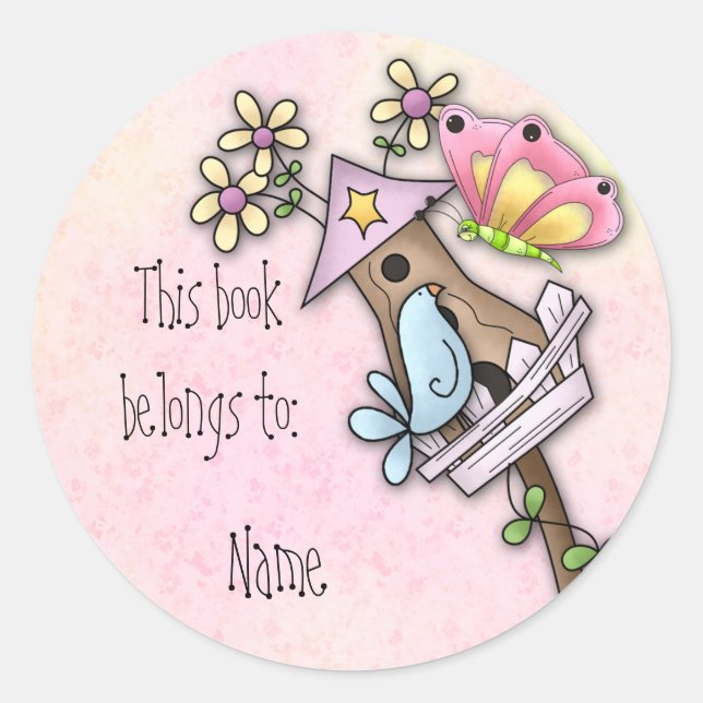 Butterfly and bird meeting at the birdhouse classic round sticker (Front)