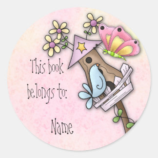 Butterfly and bird meeting at the birdhouse classic round sticker