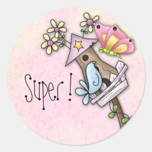 Butterfly and bird meeting at the birdhouse classic round sticker