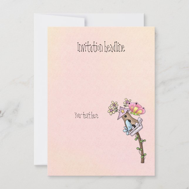 Butterfly and bird meeting at the birdhouse invitation (Front)