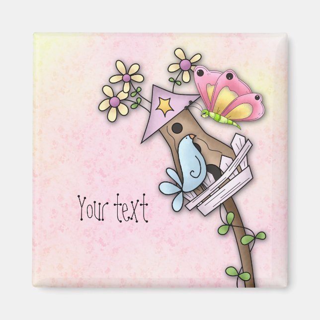 Butterfly and bird meeting at the birdhouse magnet (Front)