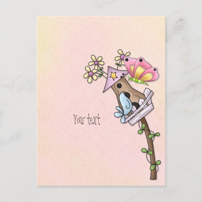 Butterfly and bird meeting at the birdhouse postcard (Front)