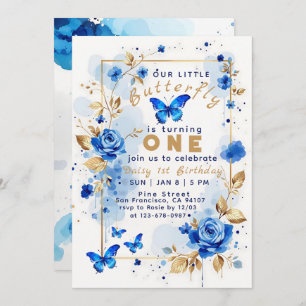 Butterfly and blue rose floral modern birthday invitation