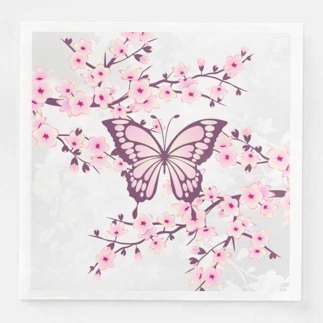 Butterfly And Cherry Blossom Pink White Napkin (Front)