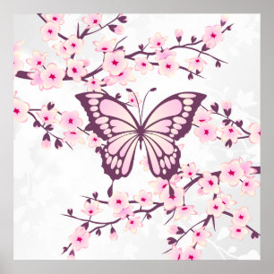 Butterfly And Cherry Blossom Pink White Poster