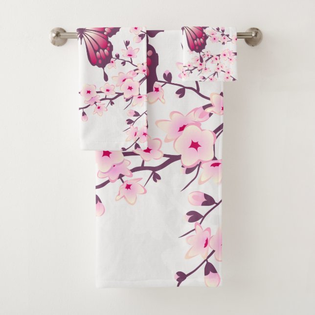 Butterfly And Cherry Blossoms Pink White Bath Towel Set (Insitu)