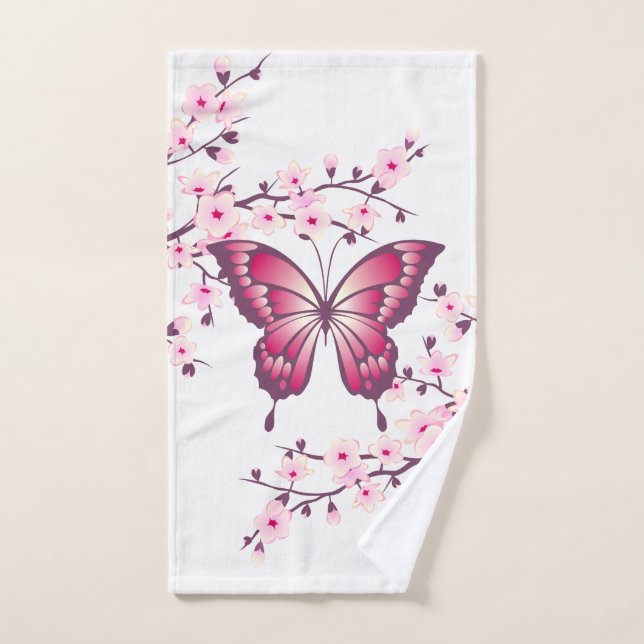 Butterfly And Cherry Blossoms Pink White Hand Towel (Hand Towel)