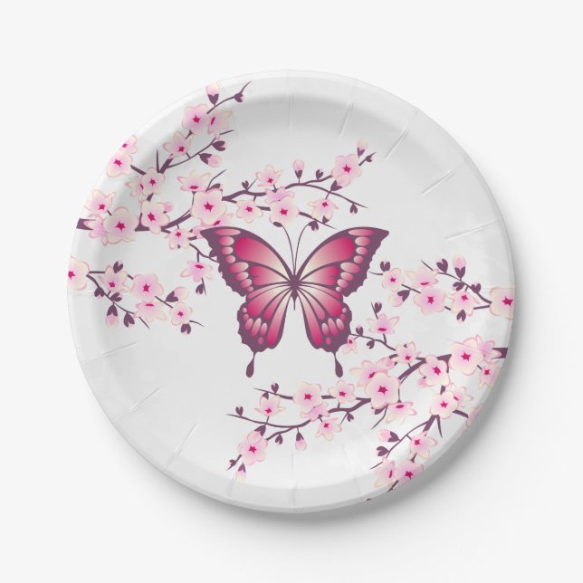 Butterfly And Cherry Blossoms Pink White Paper Plate (Front)