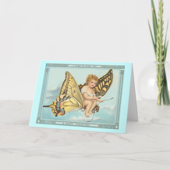 "Butterfly and Cherub" Vintage Christmas Card (Front)