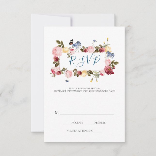 Butterfly And Colourful Flowers RSVP Card (Front)