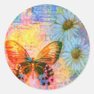 butterfly and daisies  classic round sticker