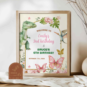 Butterfly and Dinosaurs Joint Birthday Poster