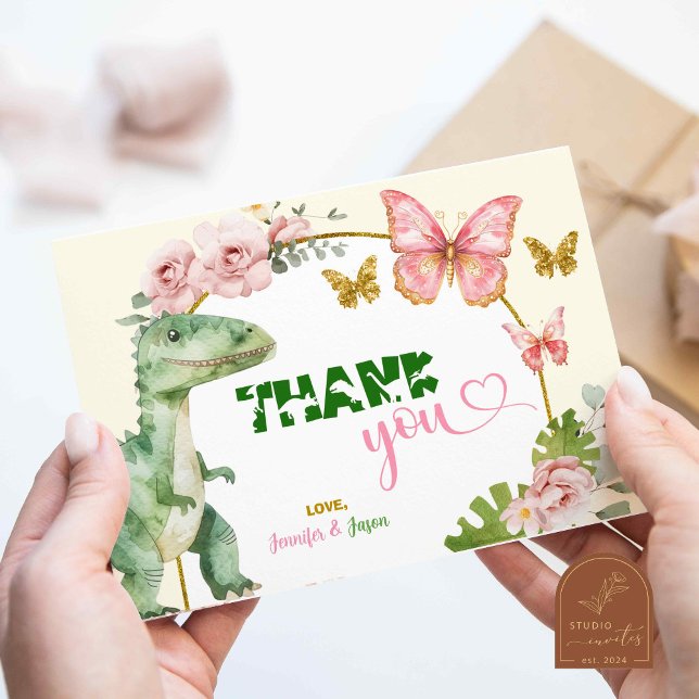 Butterfly and Dinosaurs Joint Sibling Thank You Card (Creator Uploaded)