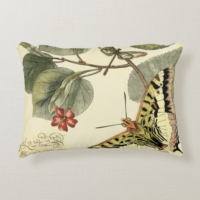 Butterfly and Dragonfly with Red Flowers Decorative Cushion (Front)