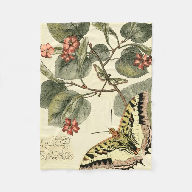 Butterfly and Dragonfly with Red Flowers Fleece Blanket (Front)
