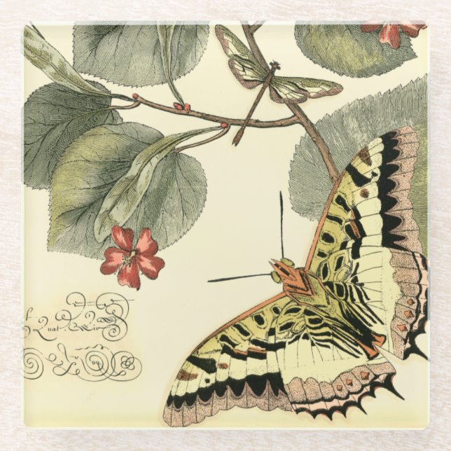 Butterfly and Dragonfly with Red Flowers Glass Coaster (Front)