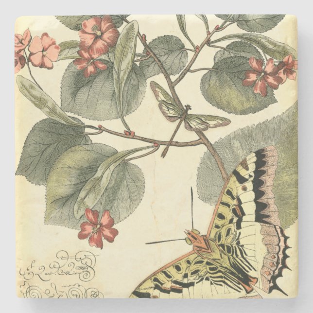 Butterfly and Dragonfly with Red Flowers Stone Coaster (Front)