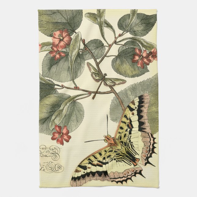 Butterfly and Dragonfly with Red Flowers Tea Towel (Vertical)