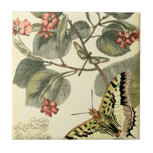Butterfly and Dragonfly with Red Flowers Tile