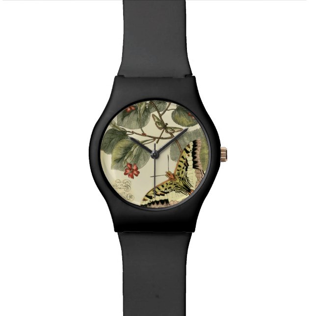 Butterfly and Dragonfly with Red Flowers Watch (Close Up)