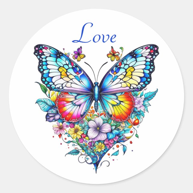 Butterfly and Floral Heart  Classic Round Sticker (Front)
