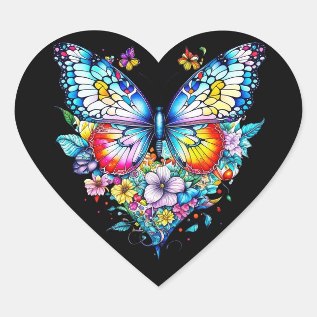 Butterfly and Floral Heart  Heart Sticker (Front)