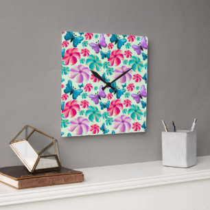 Butterfly and Flower Aesthetic pattern  Square Wall Clock