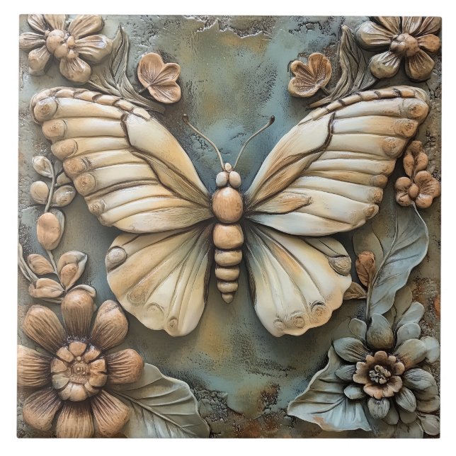 Butterfly and Flowers Botanical Faux Relief  Tile (Front)