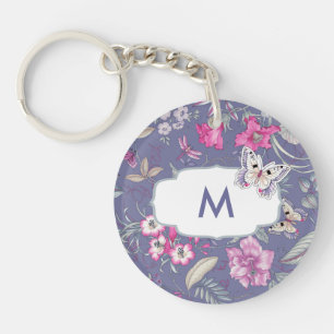 Butterfly and Flowers Custom Monogram Gift Key Ring