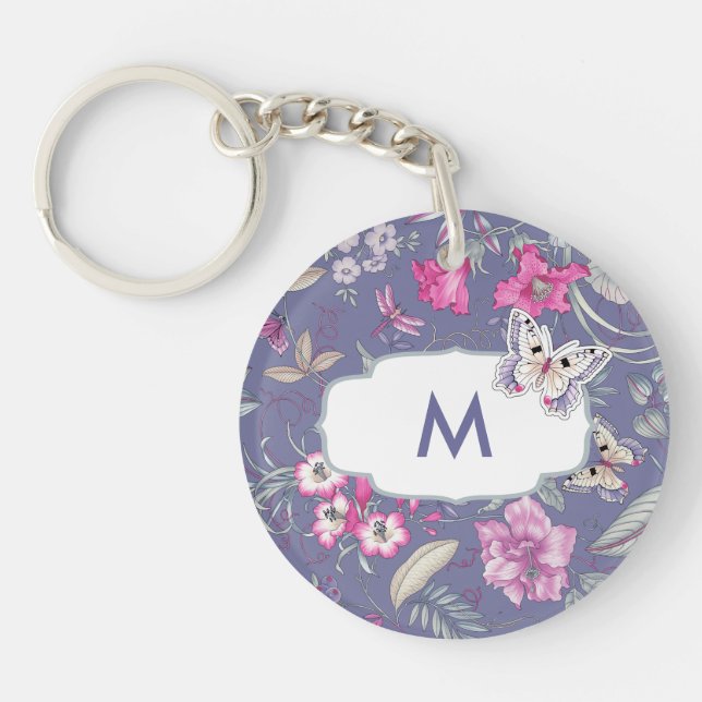 Butterfly and Flowers Custom Monogram Gift  Key Ring (Front)