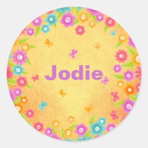 Butterfly and flowers name classic round sticker