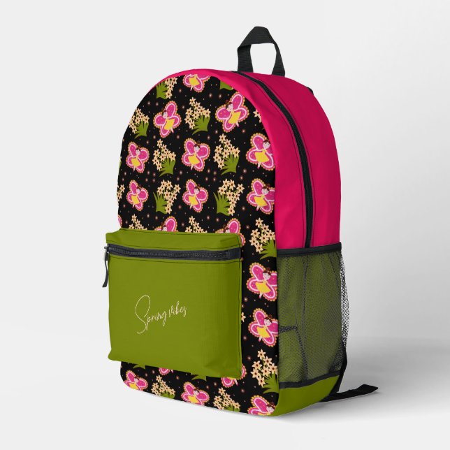 Butterfly and flowers pattern printed backpack (Back Corner Right)
