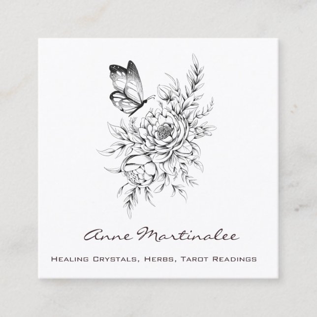 Butterfly and Flowers Square Business Card (Front)