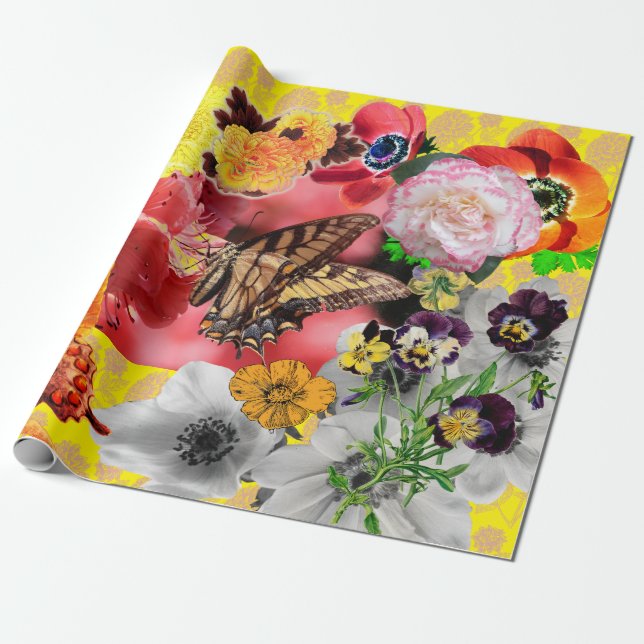 BUTTERFLY AND FLOWERS Wrapping Paper (Unrolled)