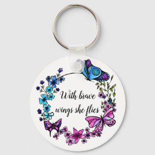 Butterfly and Flowers Wreath and custom quote Key Ring
