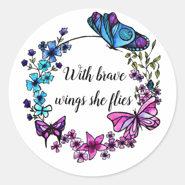 Butterfly and Flowers Wreath Classic Round Sticker (Front)