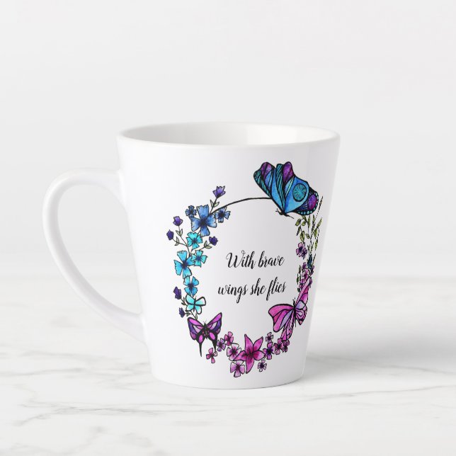 Butterfly and Flowers Wreath custom quote or name Latte Mug (Left)