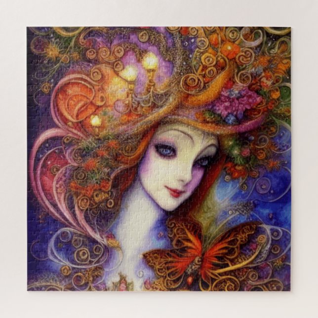 Butterfly And Garden Goddess In Watercolor Blues Jigsaw Puzzle (Vertical)